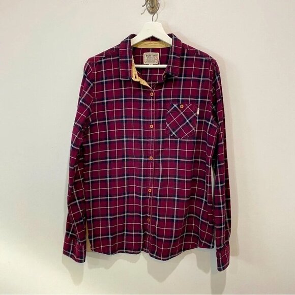 Burton Durable Goods Plaid Flannel long Sleeve Button Down Womens Size L Burgund - Picture 1 of 16